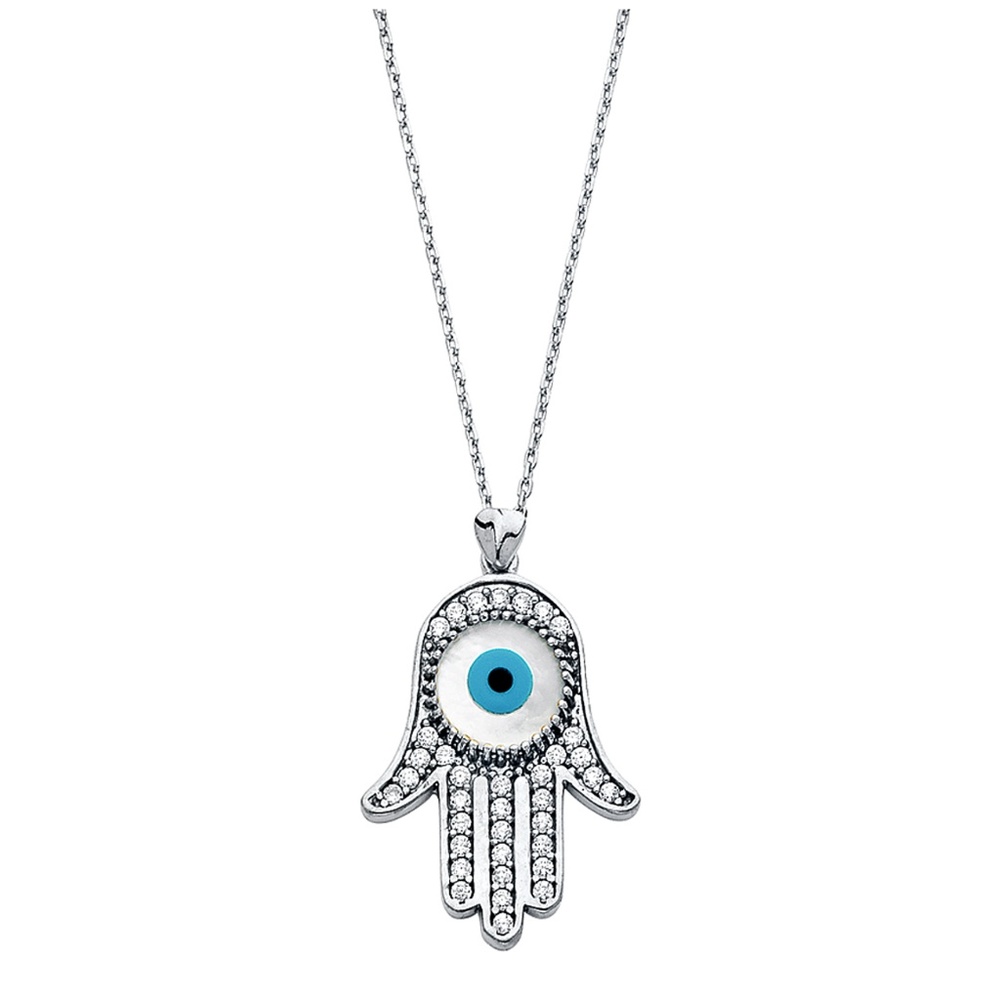 14K White Gold  CZ Evil Eye Necklace - 17+1"